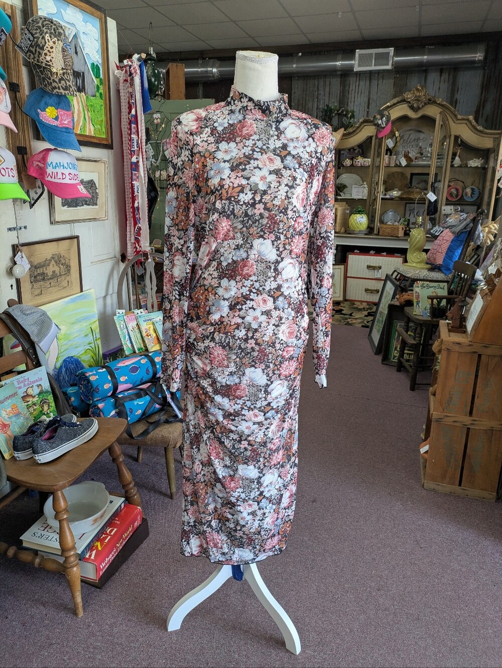 Maternity Stretch Mesh Floral Long Sleeve Midi Dress in Pink and Brown